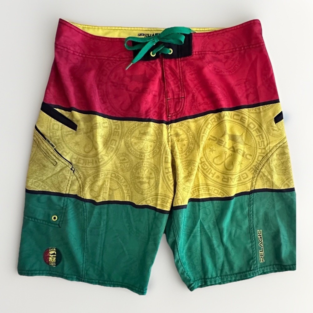 Pelagic Sharkskin 36 Board Shorts Rasta Fishing Surf Swim Offshore Tropical